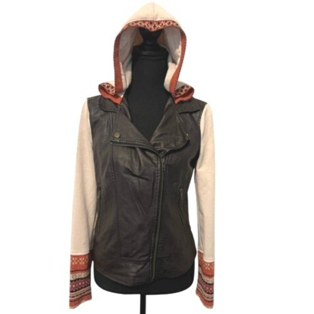 Others Follow Womens M Faux Leather Moto Hooded Jacket Aztec Trim‎ Black